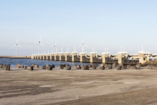 a deltaworks in holland at the Oosterschelde river to protect holland form high sea level, this is near the dutch museum neeltje jans