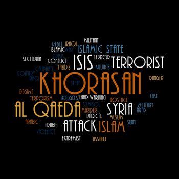 KHORASAN, ISIS and Al Qaeda word cloud on white background.