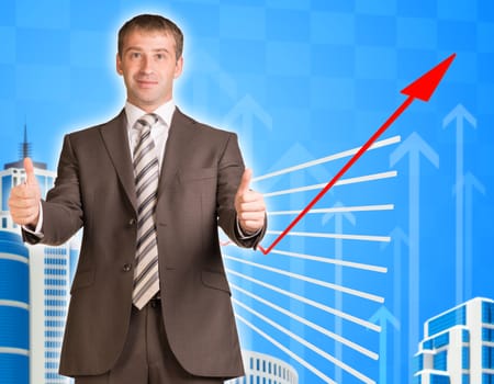Businessman with thumbs up and graphical chart on abstract blue background