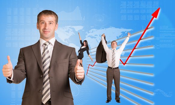 Happy business people and graphical chart on abstract blue background