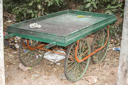   Old wooden Indian wagon for transportation.