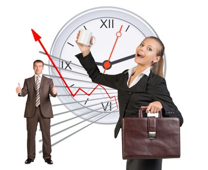 Happy business people in different postures and clock on isolated white background