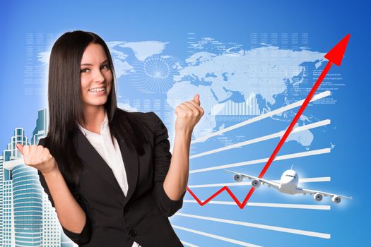 Businesswoman and graphical chart on abstract blue background with virtual world map