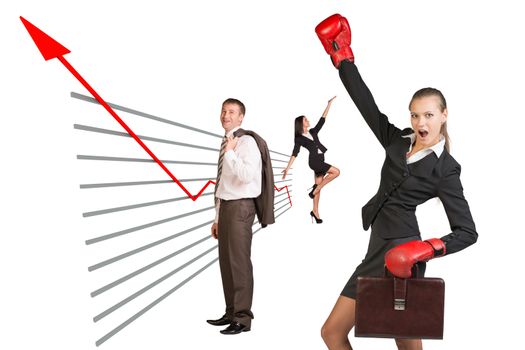 Businesswoman in boxing-gloves and business people in different postures on isolated white background
