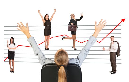 Rear view of businesswoman sitting in chair and business people in different postures on isolated white background