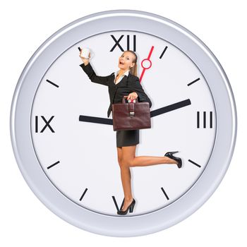 Businesswoman standing in center of clock and holding suitcase on isolated white background