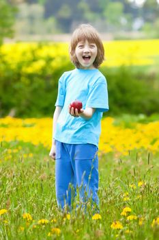 Boy Holding Red Apple in the Garden Smiling