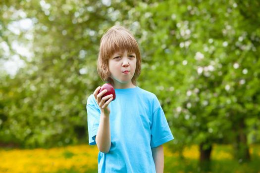 Boy Eating Red Apple in the Garden