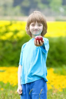Boy Holding Red Apple in the Garden Offering