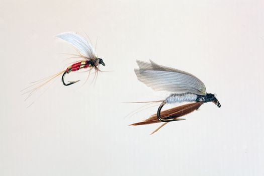 Macro photo of an artificial fly for fly fishing.