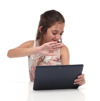 I don´t want to see that! Parental Control. Pre-teen girl with a tablet pc
