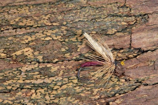 Macro photo of an artificial fly for fly fishing on a wood background. 