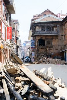 KATHMANDU, NEPAL - MAY 14, 2015: Damaged building and rubble after two major earthquakes hit Nepal in the past weeks.