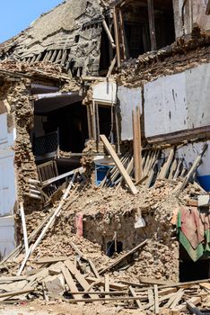 KATHMANDU, NEPAL - MAY 14, 2015: Gaddi Durbar palace on Durbar Square is severely damaged after two major earthquakes hit Nepal in the past weeks.