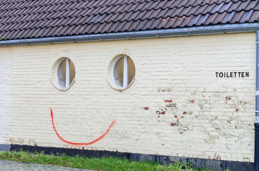 Funny Graffiti on a wall with two round windows.