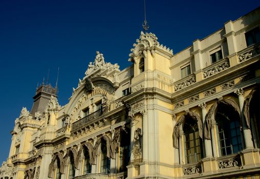 Administrative Building of Port on Blue Sky background in Barcelona, Spain