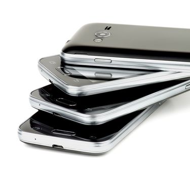 Stack of Contemporary Black Smartphones with Silver Details Cross Section on white background