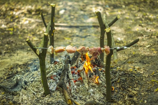 Process of preparation of a shish kebab, from uncooked to the cooked