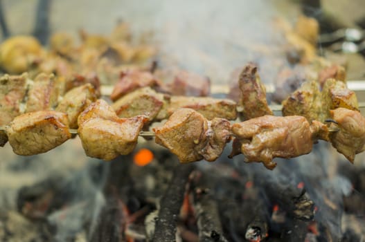 Process of preparation of a shish kebab, from uncooked to the cooked
