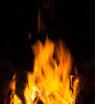 Flames of a campfire in the night.