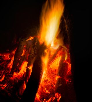 Flames of a campfire in the night.