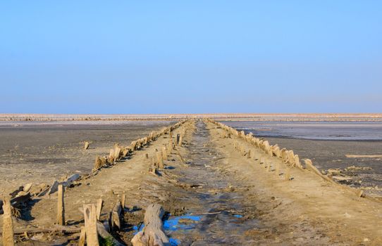 Abandoned salt production on Sivash lake also known as Rotten Sea on the west coast of the Sea of Azov in Ukraine