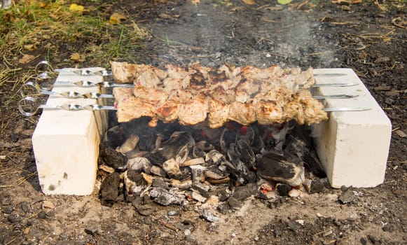 Process of preparation of a shish kebab, from uncooked to the cooked