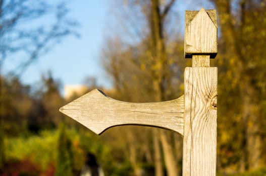 Old wooden arrow indicating the direction in park. For your commercial and editorial use.