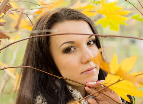 beautiful and sexy girl sitting on bench outdoors. 