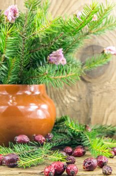 Bright christmas composition on wooden background. For your commercial and editorial use