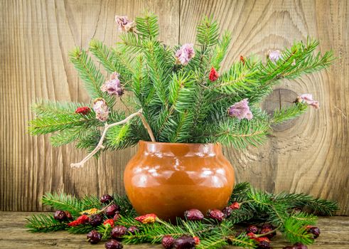 Bright christmas composition on wooden background. For your commercial and editorial use