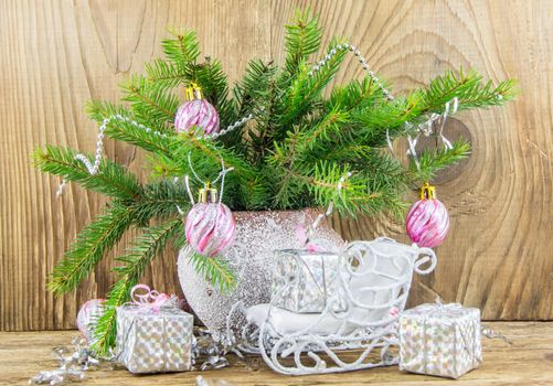 Bright christmas composition on wooden background. For your commercial and editorial use