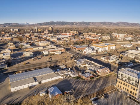 FORT COLLINS, CO, USA - MARCH 21, 2015: Aerial view of Fort Collins downtown,  early spring scenery with morning light