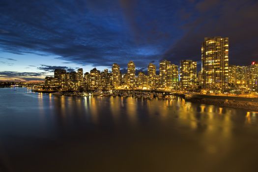 Vancouver British Columbia Canada City Skyline by Marina at Blue Hour Twilight