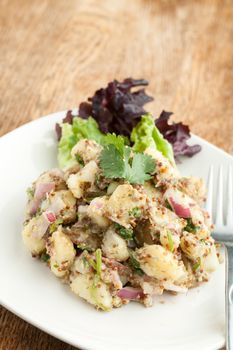 Potato salad freshly homemade without mayonaise.  Ingredients include cilantro olive oil vinegar whole grain dijon mustard red onions and potatoes. 