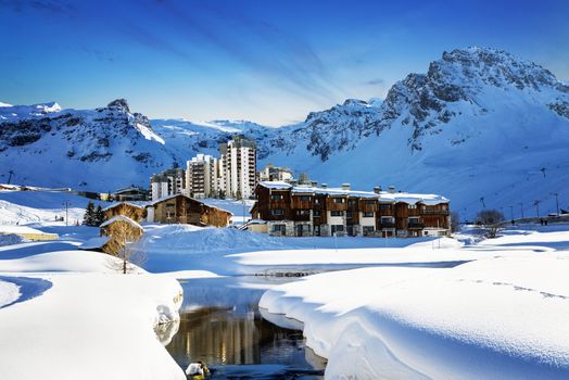 Llandscape and ski resort in French Alps,Tignes, Le Clavet, Tarentaise, France 