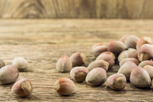 Filberts on a wooden table. Close-up shot. For your commercial and editorial use.