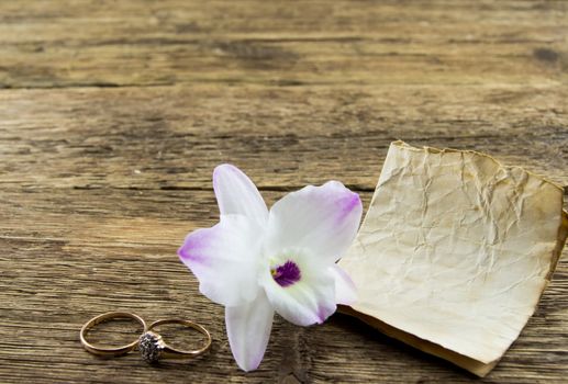 orchid flower on wooden background with space for inscriptions