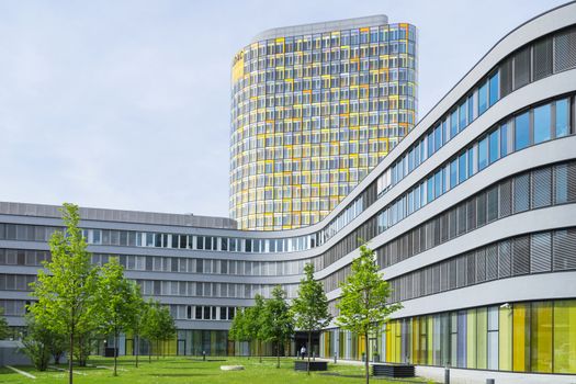 Munich, Germany - May 12, 2015: Modern office building of German automobile club. The ADAC was founded on 24 May 1903 in Stuttgart Silver Hotel, as the German Motorbikers Association.