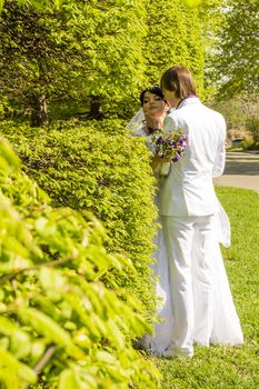Young bride and groom posing in the park. For your commercial and editorial use.