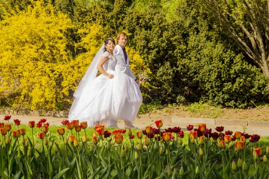 couple in love bride and groom together in wedding summer 