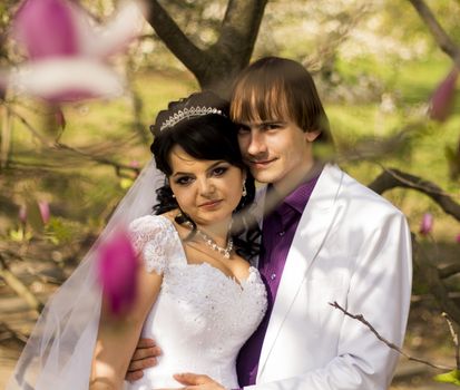 Newlyweds on nature background with blossoming magnolias.