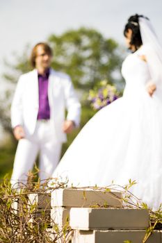 climbing plants in focus and couple in the background. For your commercial and editorial use.