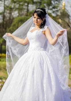 beautiful bride is standing in wedding dress . For your commercial and editorial use.