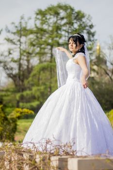 beautiful bride is standing in wedding dress . For your commercial and editorial use.