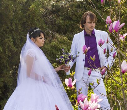 Newlyweds on nature background with blossoming magnolias.