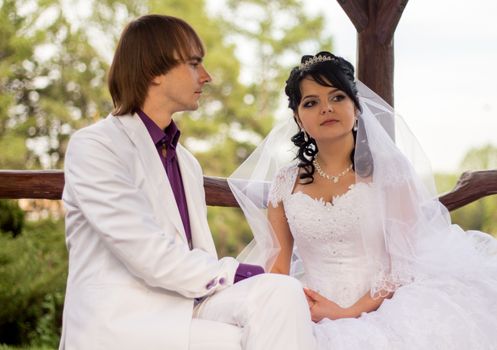 Couple in love bride and groom posing sitting on wooden bench in gazebo in their wedding day in summer.