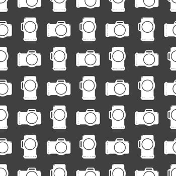 Photo camera web icon flat design. Seamless gray pattern.