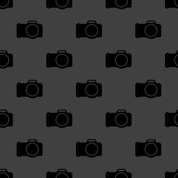 Photo camera web icon flat design. Seamless gray pattern.