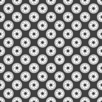 Photo camera diaphragm web icon. flat design. Seamless gray pattern.